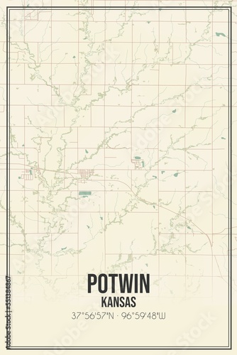 Retro US city map of Potwin, Kansas. Vintage street map.