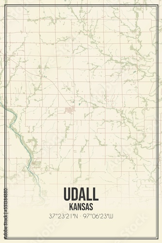 Retro US city map of Udall, Kansas. Vintage street map. photo