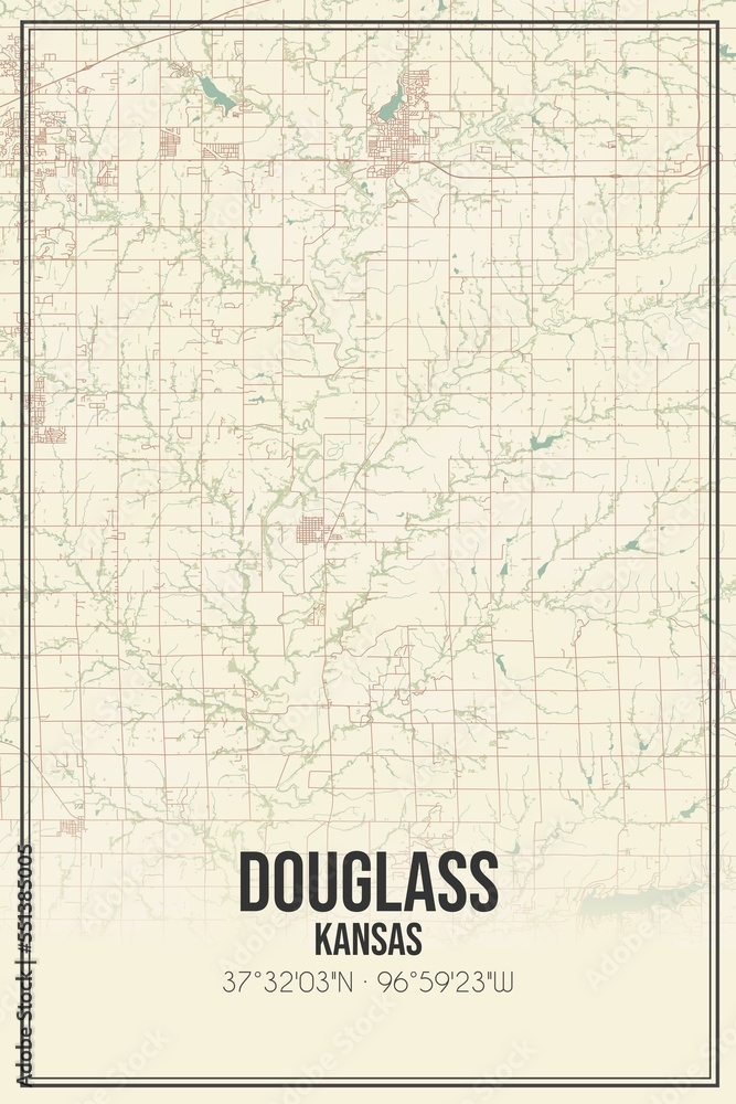 Obraz premium Retro US city map of Douglass, Kansas. Vintage street map.