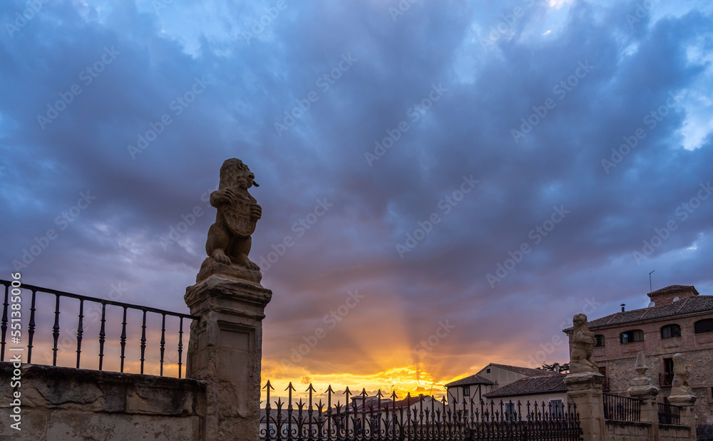 Lion on the Rear of the Segovia Cathedral With Sunset in the Background