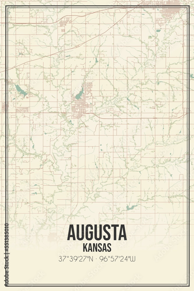 Retro US city map of Augusta, Kansas. Vintage street map.