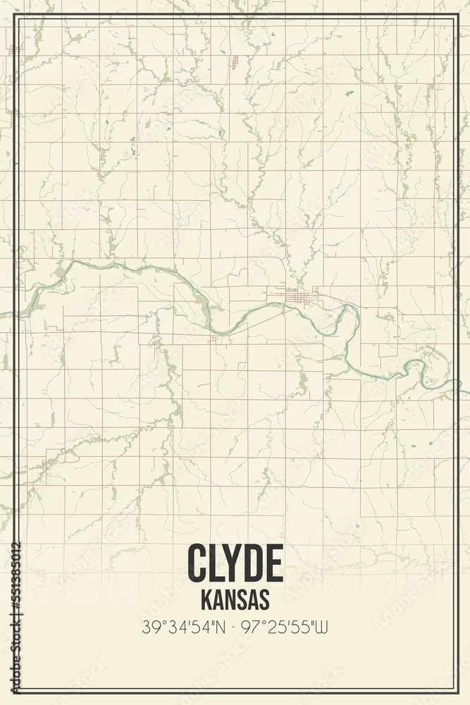 Retro US city map of Clyde, Kansas. Vintage street map.