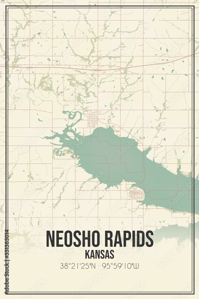 Retro US city map of Neosho Rapids, Kansas. Vintage street map.