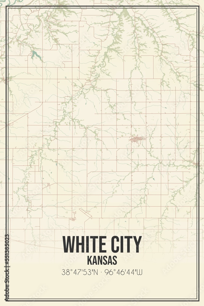 Retro US city map of White City, Kansas. Vintage street map.