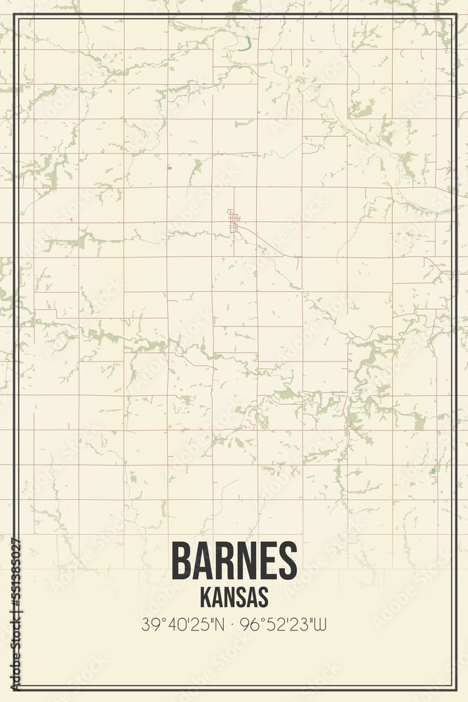 Retro US city map of Barnes, Kansas. Vintage street map.