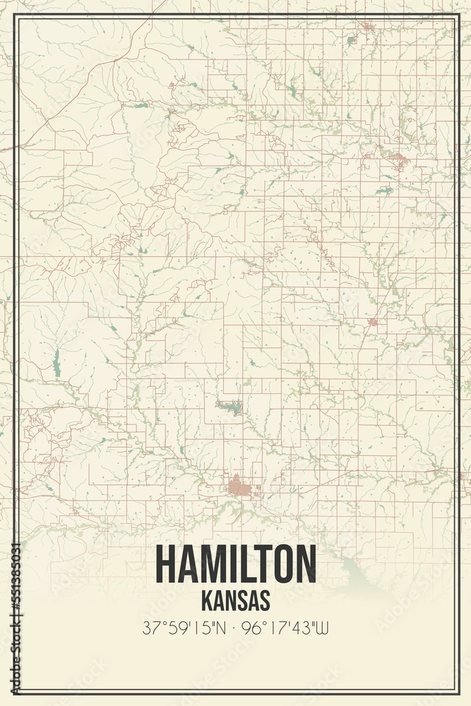 Retro US city map of Hamilton, Kansas. Vintage street map.
