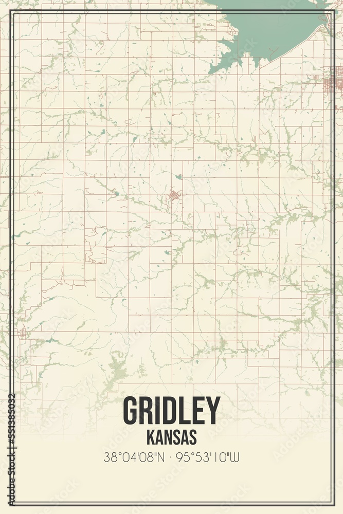 Fototapeta premium Retro US city map of Gridley, Kansas. Vintage street map.