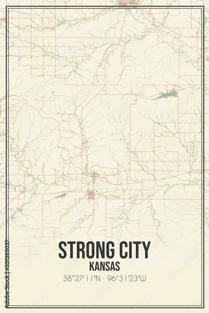 Retro US city map of Strong City, Kansas. Vintage street map.