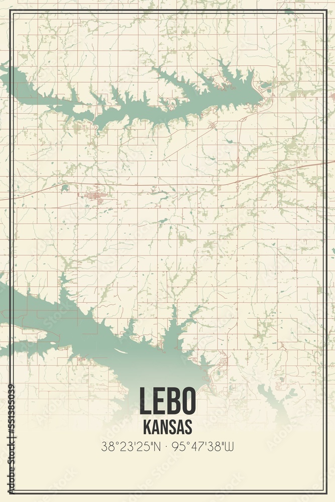 Fototapeta premium Retro US city map of Lebo, Kansas. Vintage street map.