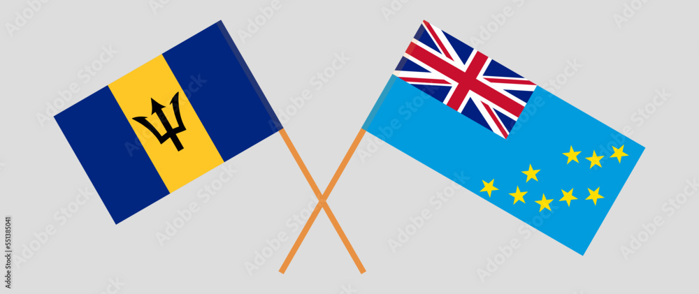Crossed flags of Barbados and Tuvalu. Official colors. Correct proportion