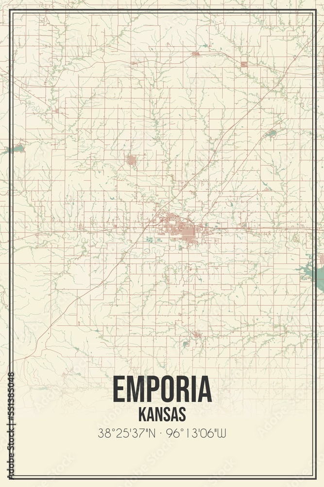 Retro US city map of Emporia, Kansas. Vintage street map.
