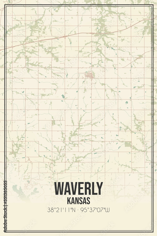 Retro US city map of Waverly, Kansas. Vintage street map.