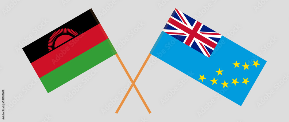 Crossed flags of Malawi and Tuvalu. Official colors. Correct proportion