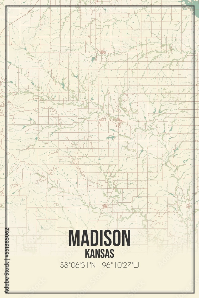 Retro US city map of Madison, Kansas. Vintage street map.