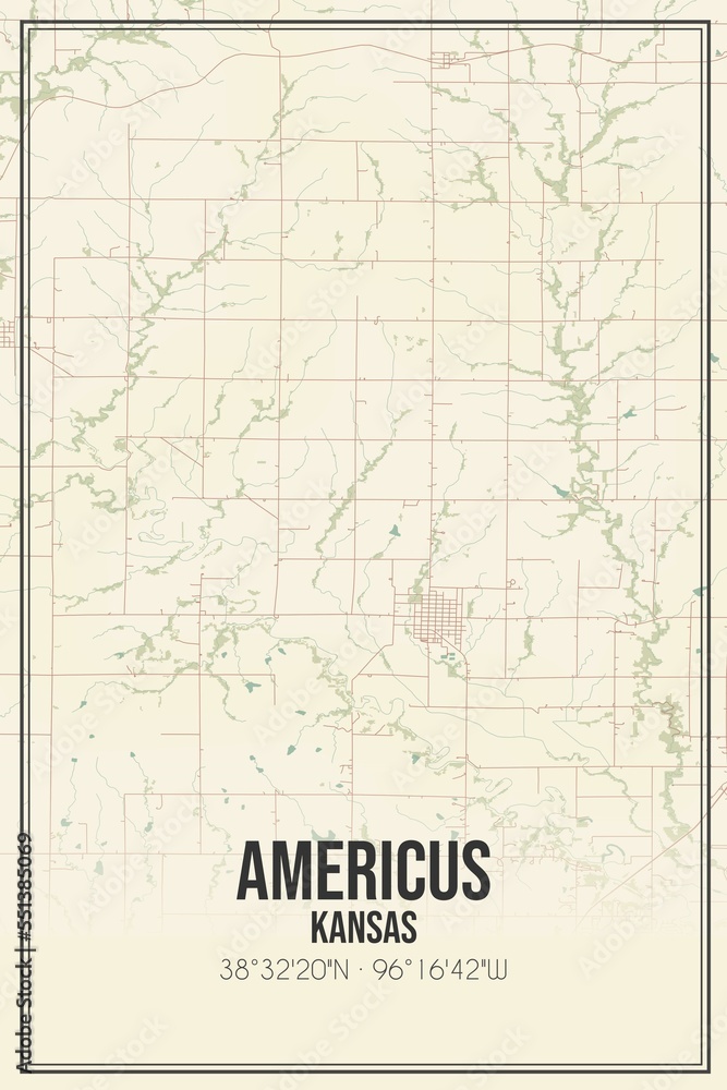 Retro US city map of Americus, Kansas. Vintage street map.