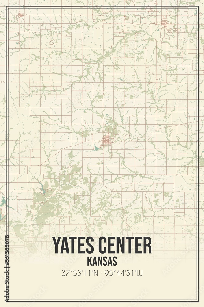 Retro US city map of Yates Center, Kansas. Vintage street map.