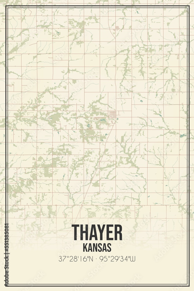 Retro US city map of Thayer, Kansas. Vintage street map.