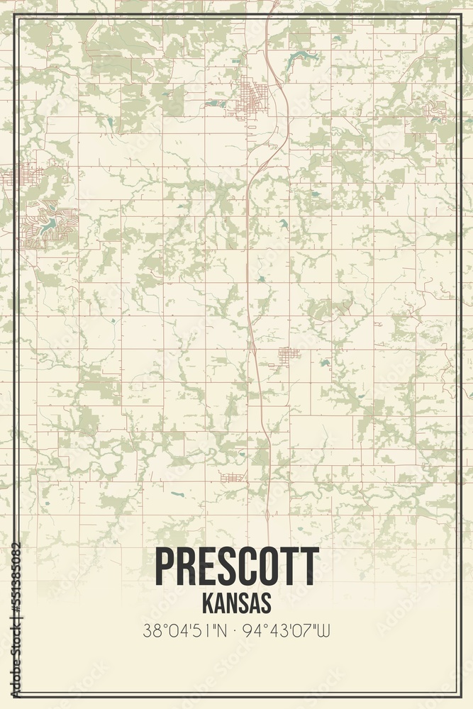 Retro US city map of Prescott, Kansas. Vintage street map.