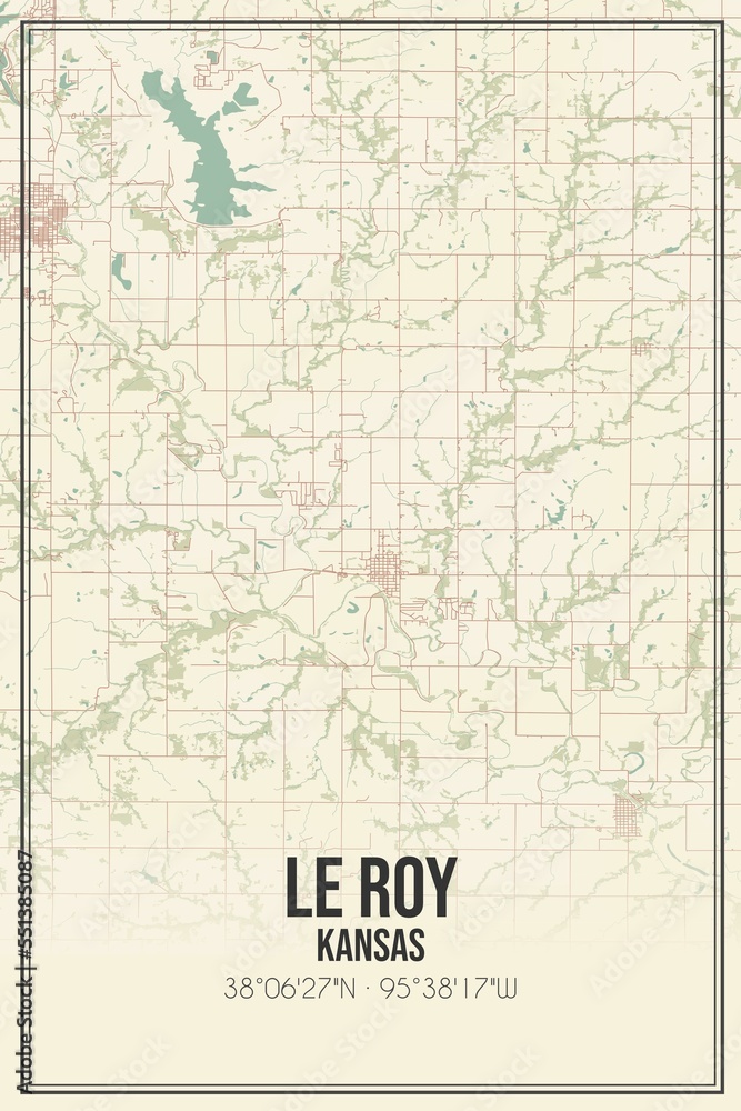 Retro US city map of Le Roy, Kansas. Vintage street map.