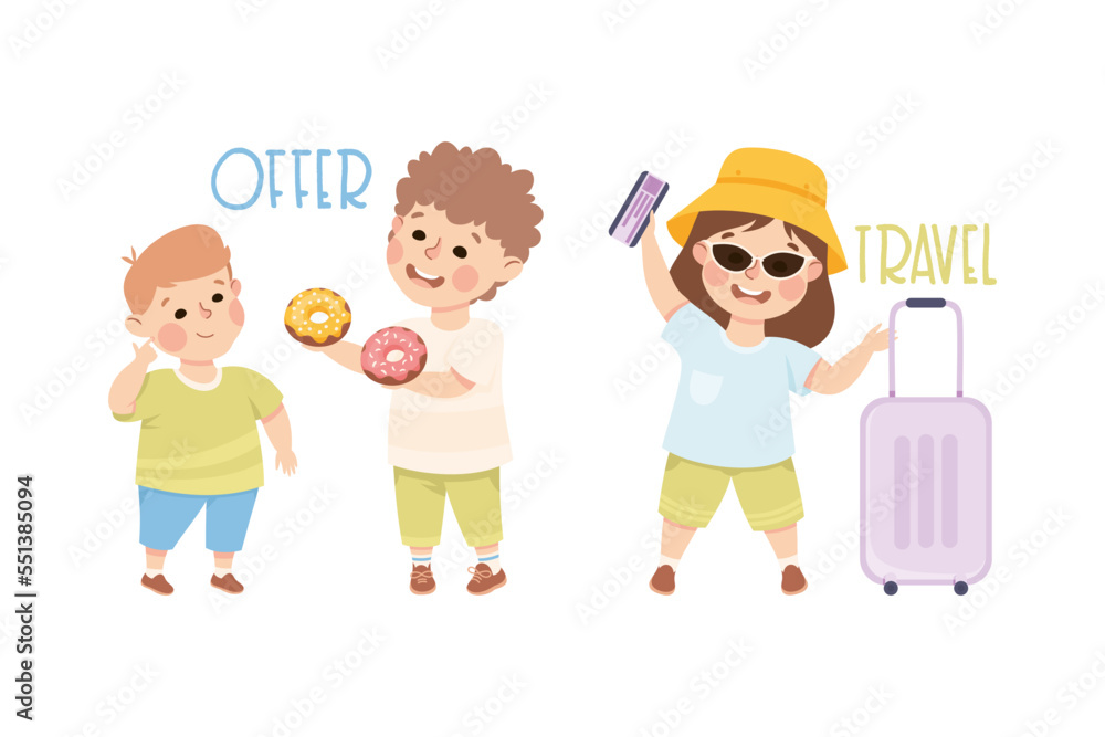Little Boy and Girl Offering Donuts and Travelling with Suitcase Demonstrating Vocabulary and Verb Studying Vector Set Little Boy and Girl Offering Donuts and Travelling with Suitcase Demonstrating Vocabulary and Verb Studying Vector Set