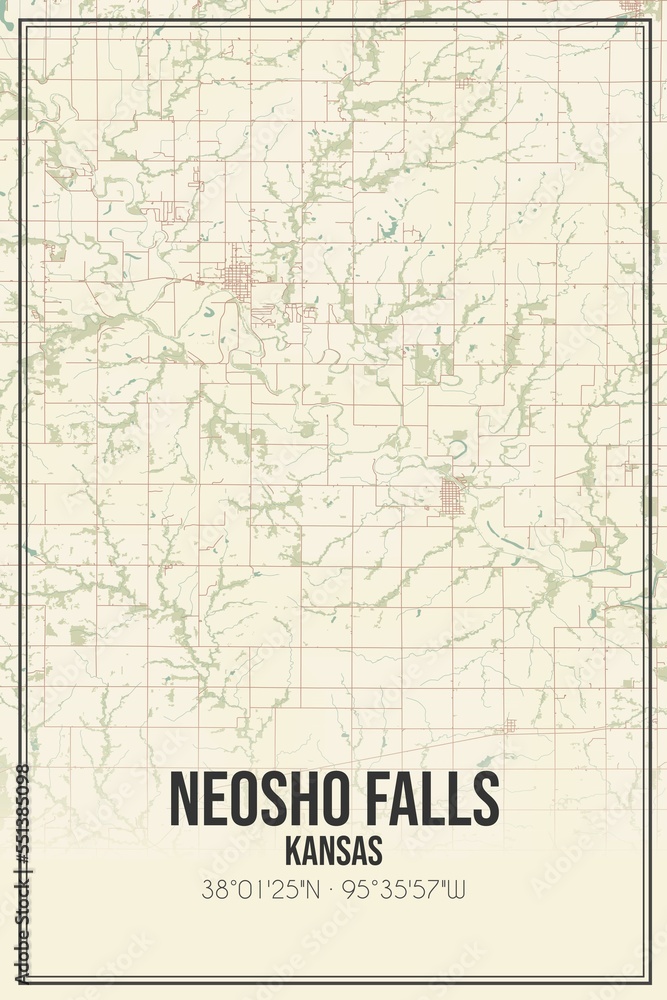 Retro US city map of Neosho Falls, Kansas. Vintage street map.