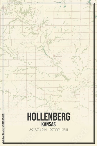 Retro US city map of Hollenberg, Kansas. Vintage street map.
