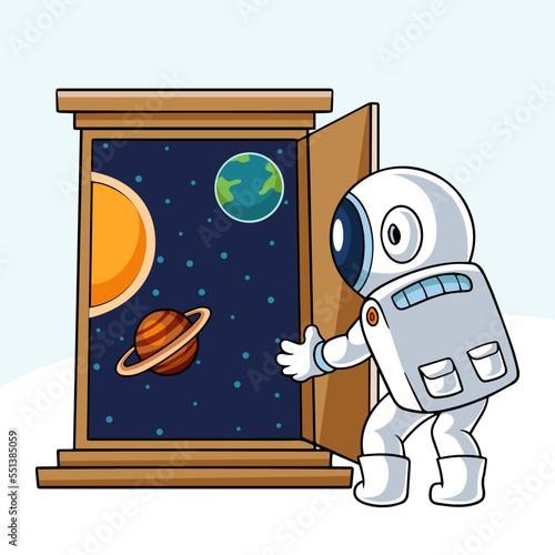 Little astronaut cartoon is opening the door to outer space