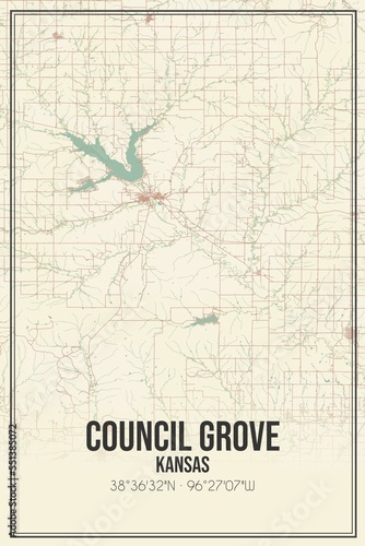 Retro US city map of Council Grove  Kansas. Vintage street map.