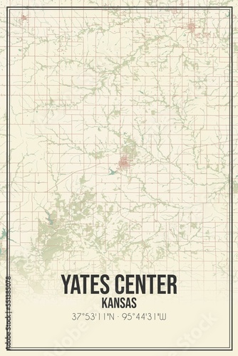 Retro US city map of Yates Center  Kansas. Vintage street map.