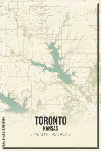 Canvas Print Retro US city map of Toronto, Kansas. Vintage street map.
