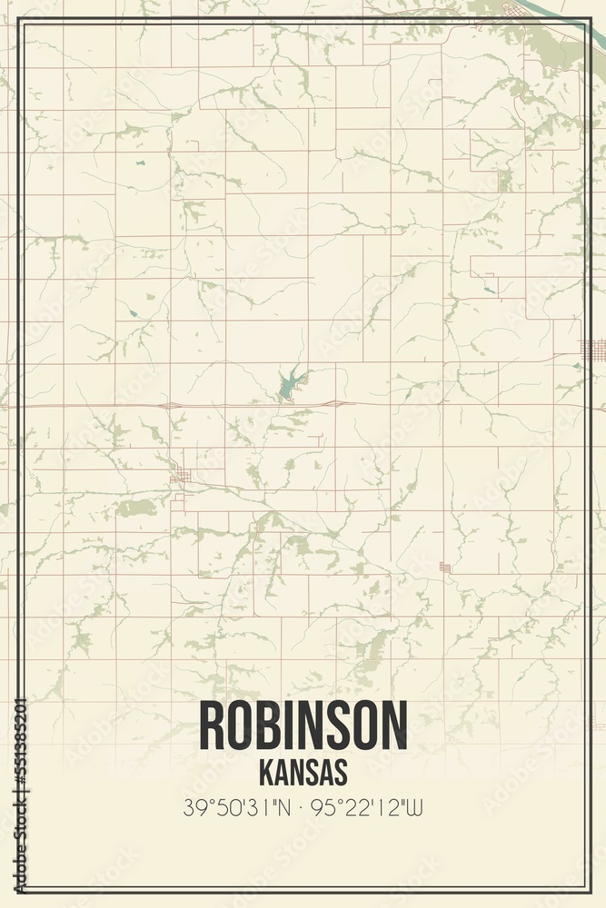 Retro US city map of Robinson, Kansas. Vintage street map.