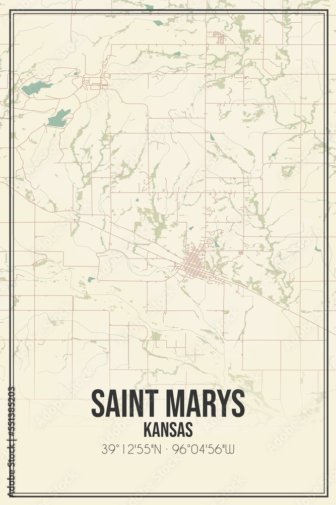 Retro US city map of Saint Marys, Kansas. Vintage street map.