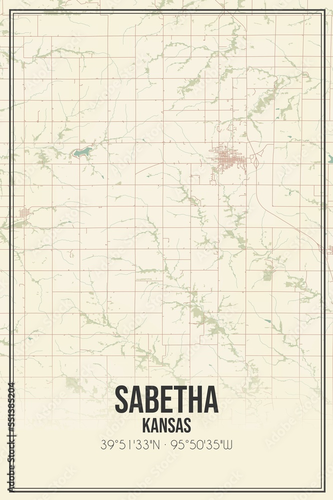 Retro US city map of Sabetha, Kansas. Vintage street map.
