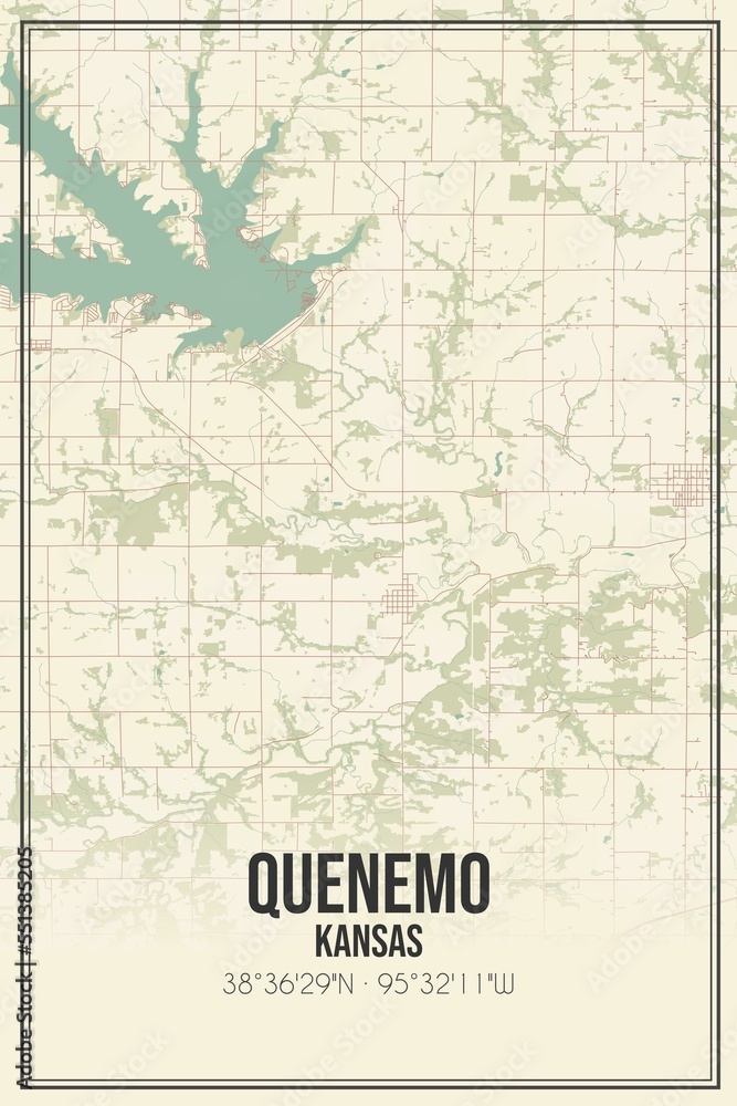 Retro US city map of Quenemo, Kansas. Vintage street map.