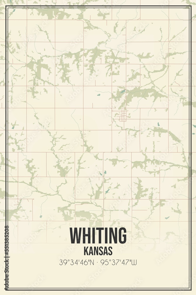 Retro US city map of Whiting, Kansas. Vintage street map.