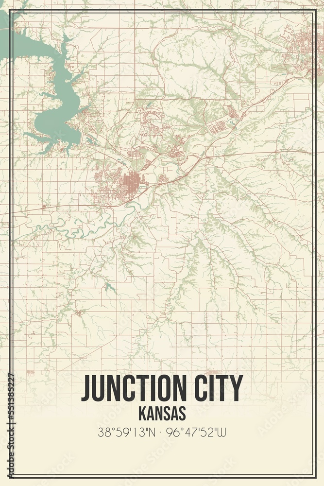 Retro US city map of Junction City, Kansas. Vintage street map.