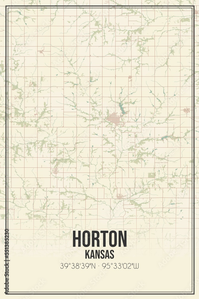 Retro US city map of Horton, Kansas. Vintage street map.