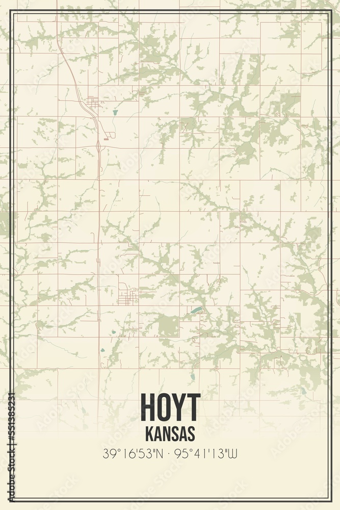 Retro US city map of Hoyt, Kansas. Vintage street map.