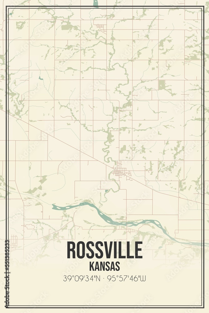 Retro US city map of Rossville, Kansas. Vintage street map.