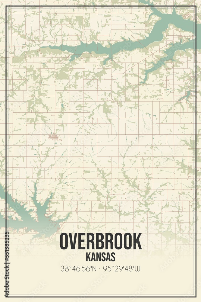 Retro US city map of Overbrook, Kansas. Vintage street map.
