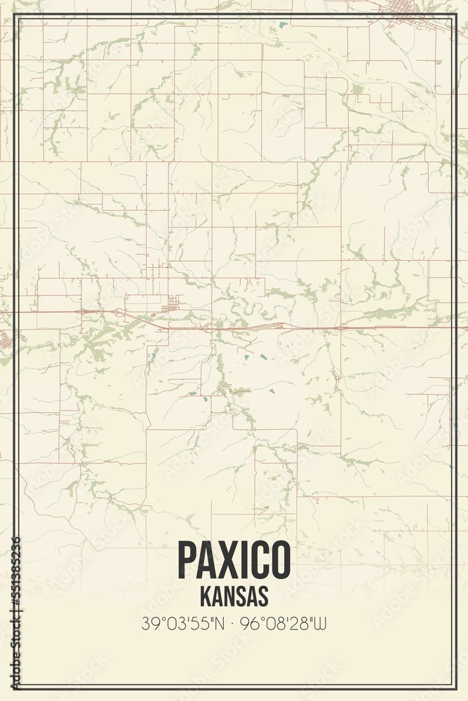 Retro US city map of Paxico, Kansas. Vintage street map.