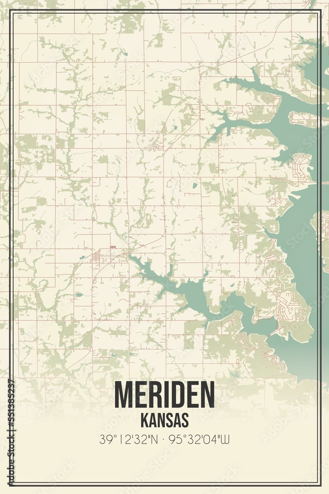Retro US city map of Meriden, Kansas. Vintage street map.