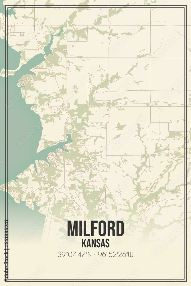 Retro US city map of Milford, Kansas. Vintage street map.