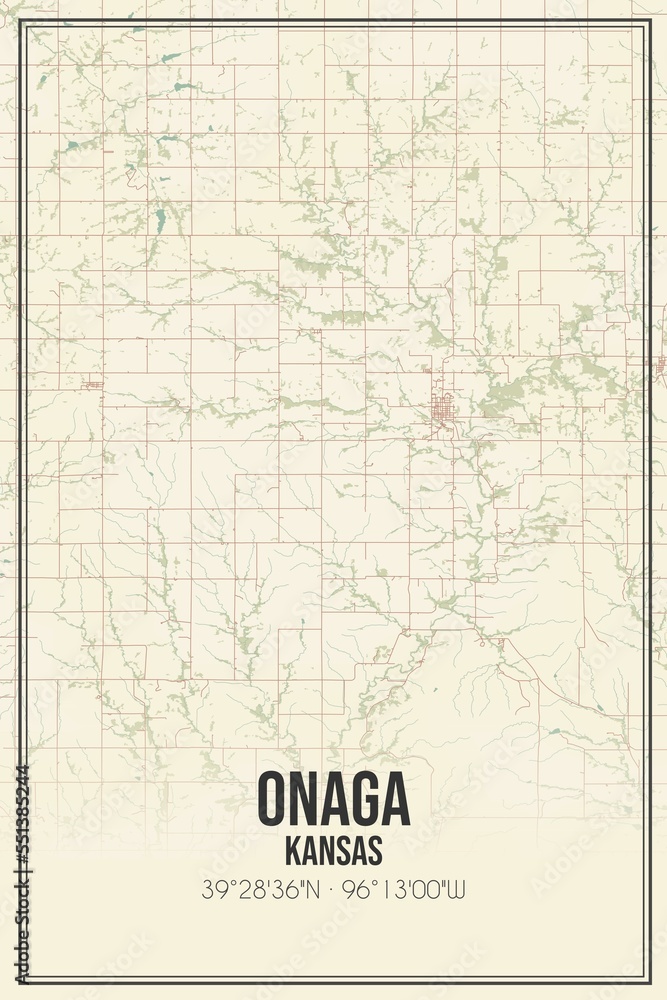 Retro US city map of Onaga, Kansas. Vintage street map.