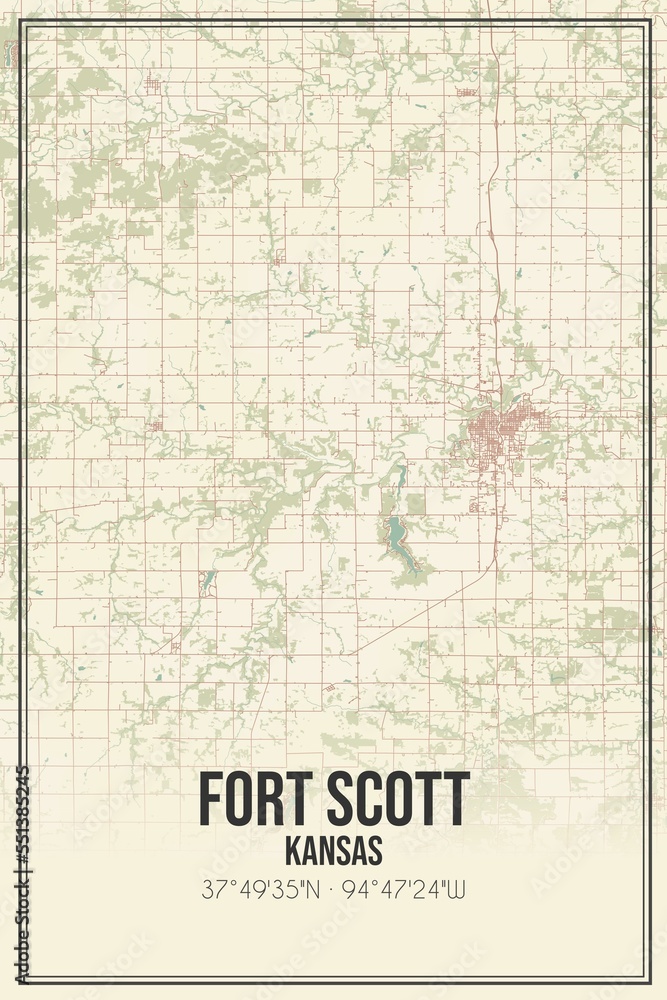 Retro US city map of Fort Scott, Kansas. Vintage street map.