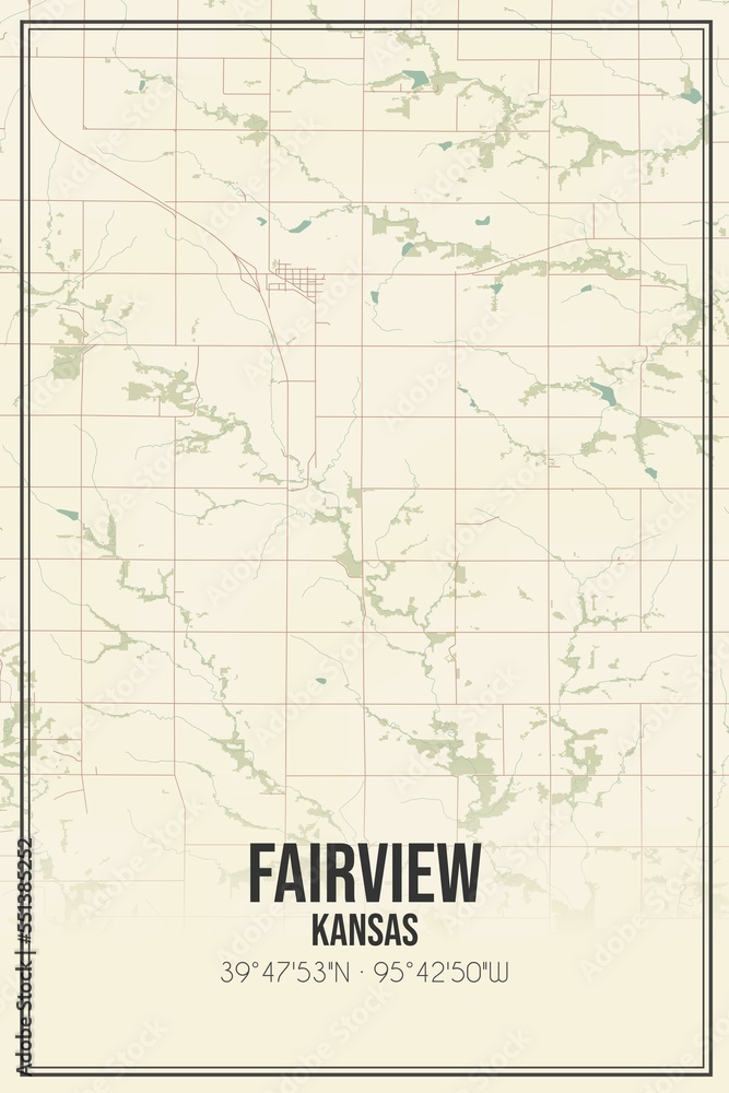 Retro US city map of Fairview, Kansas. Vintage street map.