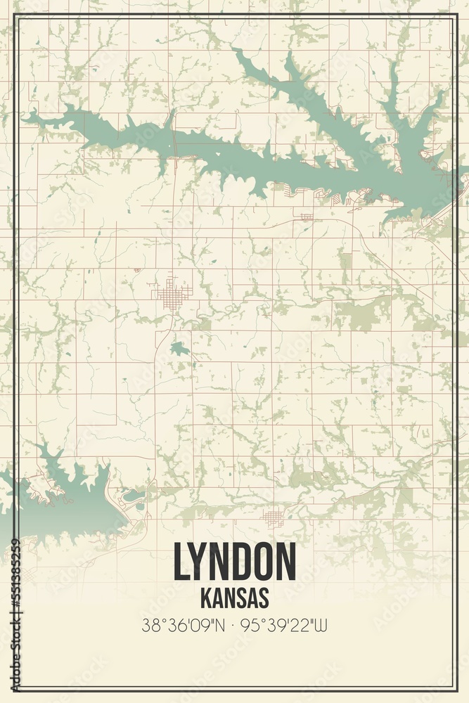 Retro US city map of Lyndon, Kansas. Vintage street map.