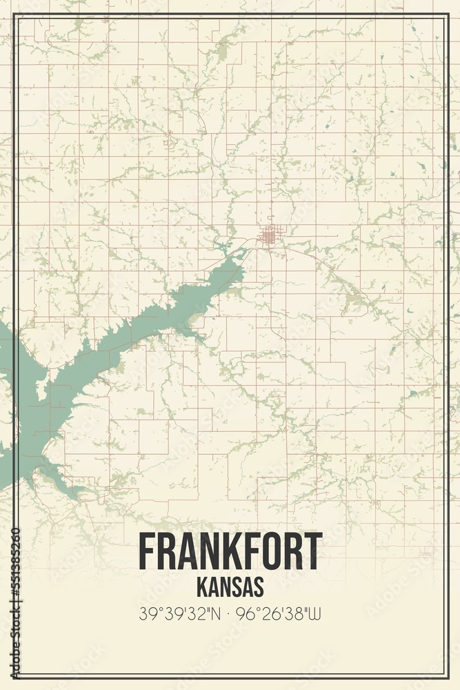 Retro US city map of Frankfort, Kansas. Vintage street map.
