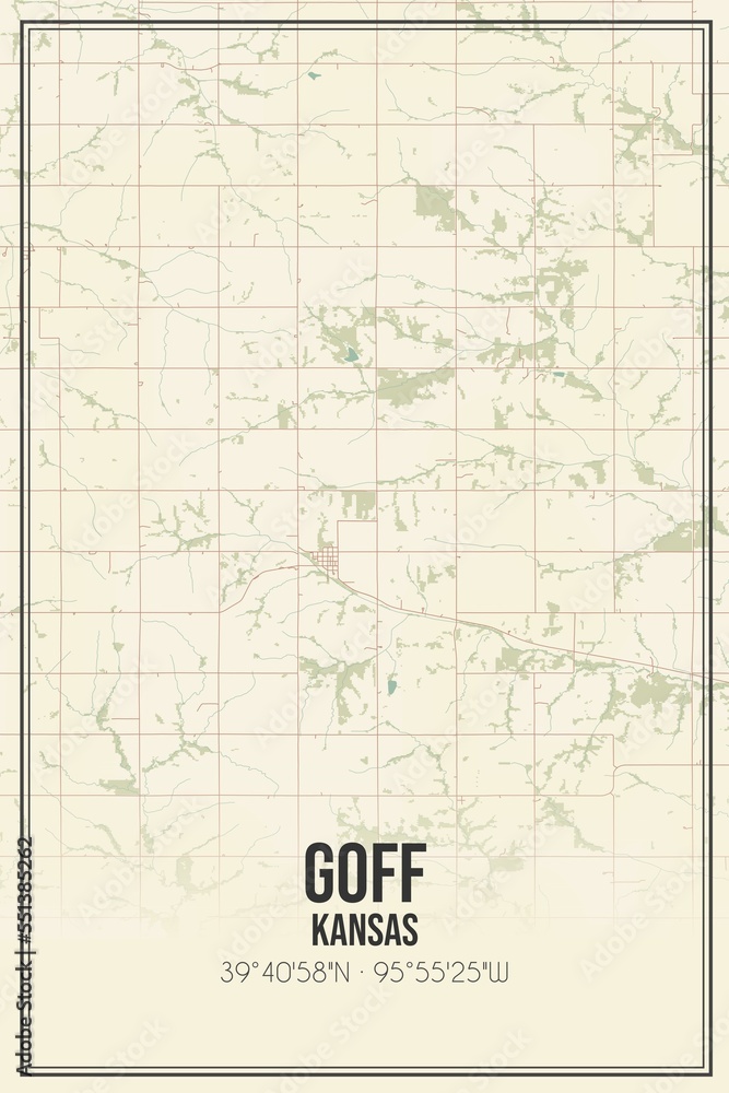 Retro US city map of Goff, Kansas. Vintage street map.