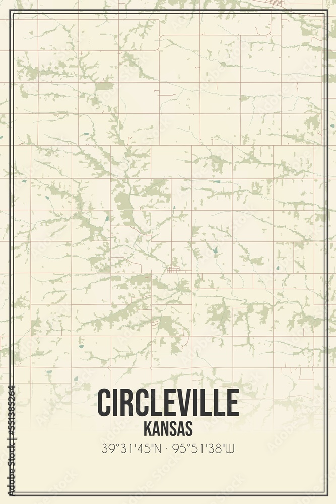 Retro US city map of Circleville, Kansas. Vintage street map.